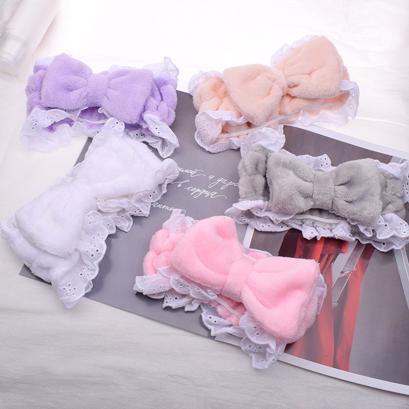 Băng đô phối ren đính nơ phong cách Hàn Quốc xinh xắn dùng rửa mặt tiện dụng