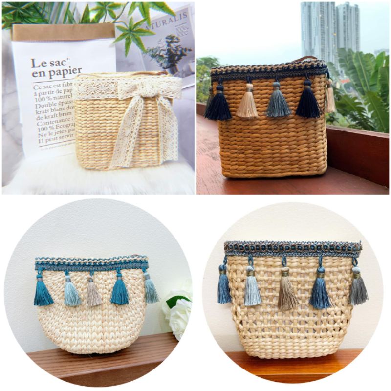 Túi cói đi biển vintage tua rua cực xinh