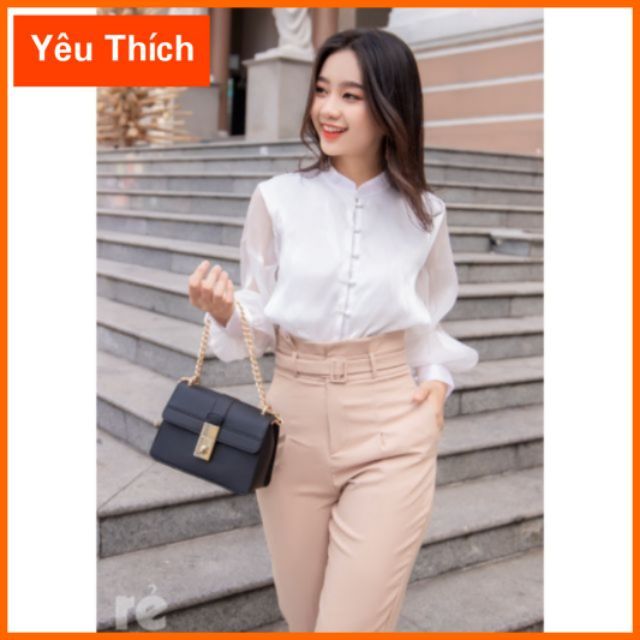 Áo sơ mi cổ trụ tay phòng màu trắng chất tơ gân dễ thương ẢNH MẪU SHOP