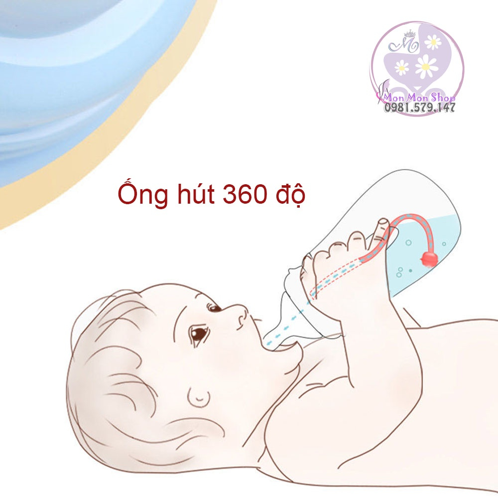 Bình sữa cổ rộng cảm ứng nhiệt báo nóng Yanling 240ml có tay cầm và ống hút chống sặc, nhựa PP