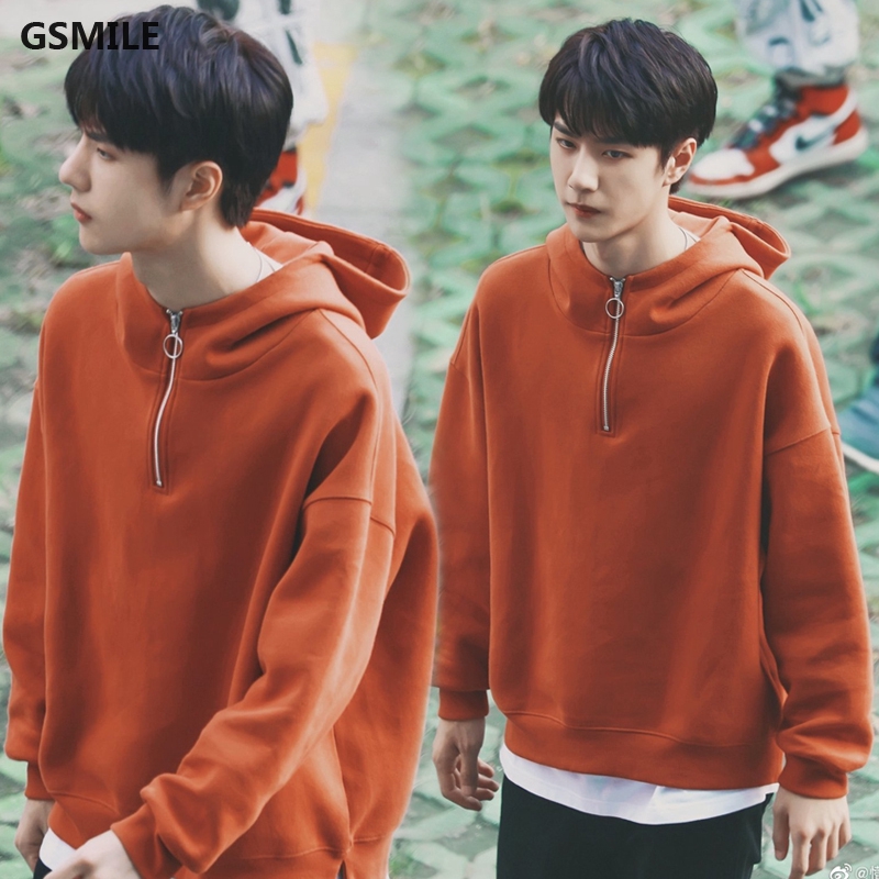 Áo hoodie màu trơn khóa dây kéo tay dài phong cách Hàn Quốc cho nam/nữ