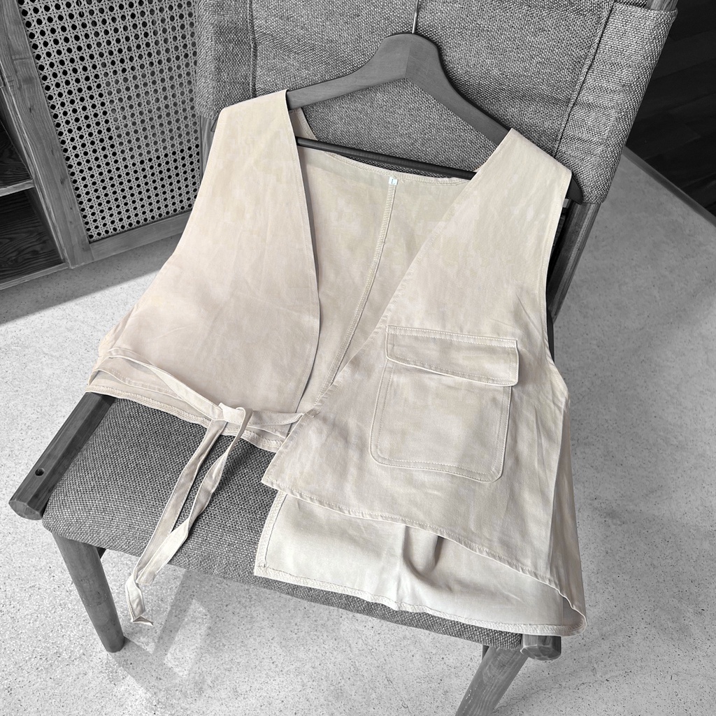 Áo gile túi hộp MeanStore Áo gile nam nữ khoác lệch tà form crop có size rộng chất kaki màu be vintage