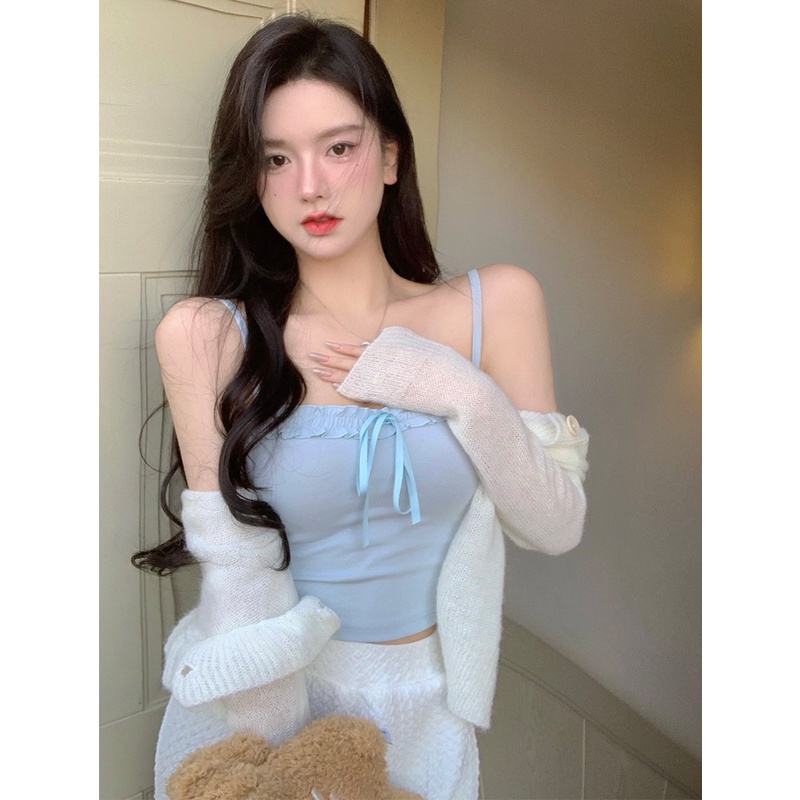 Áo 2 dây ZHELIHANGFEI dáng ngắn xếp li phối ren quyến rũ