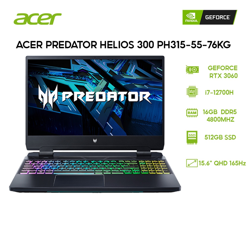 [ELGAME20 giảm 10%]Laptop Acer Predator Helios 300 PH315-55-76KG i7-12700H |16GB |512GB | GeForce RTX™ 3060| 15.6' QHD