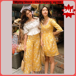 Đầm hoa vàng cổ vuông siêu xinh, váy thiết kế ren cổ tay lỡ dáng xòe trẻ trung