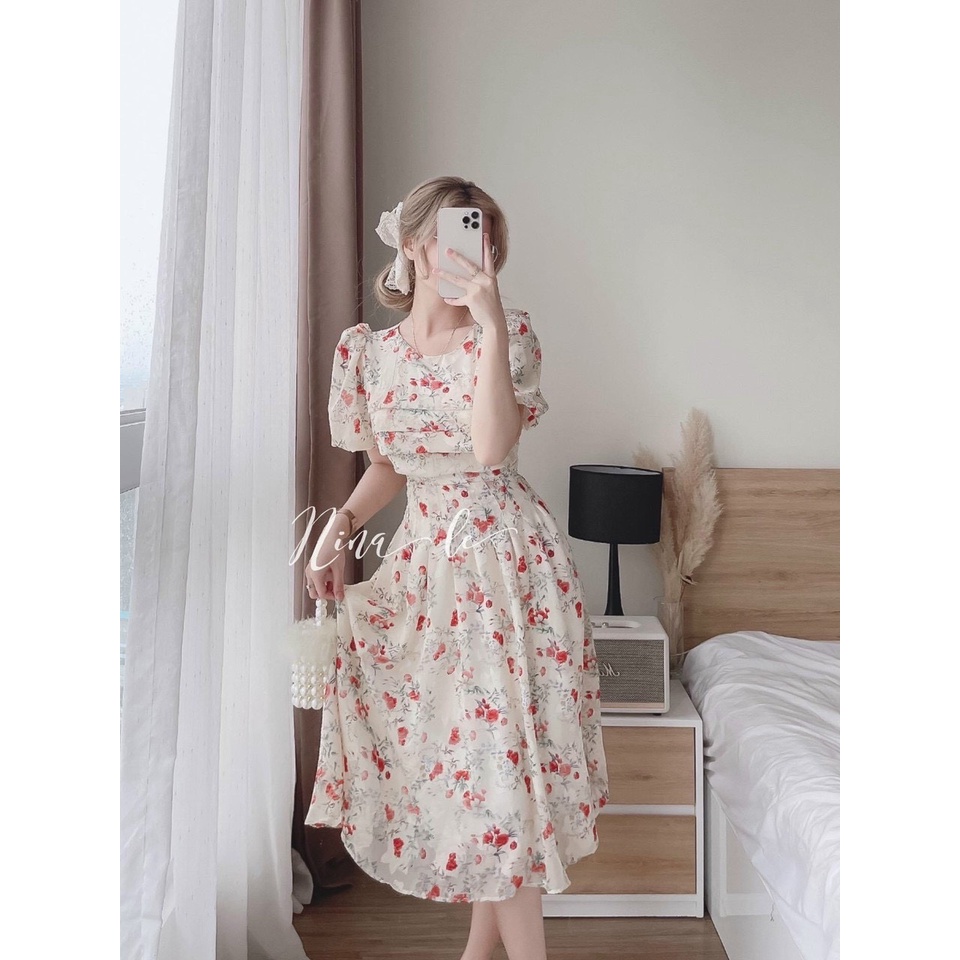 Đầm maxi voan hoa xếp ly ngực tay phồng