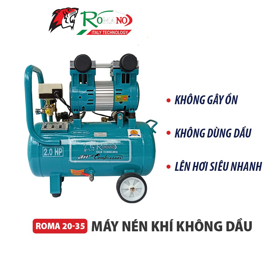 Máy nén khí không dầu Romano ROMA 20-35, Bình 35L, Công suất 2HP, 2 đầu khí ra, công nghệ Italy