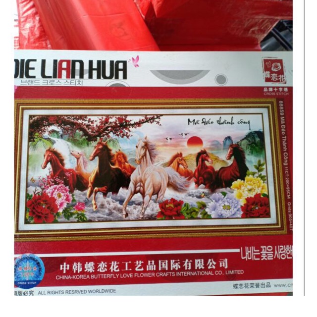 Tranh 3d thêu mã đáo thành công 8 con ngựa 2mx90cm