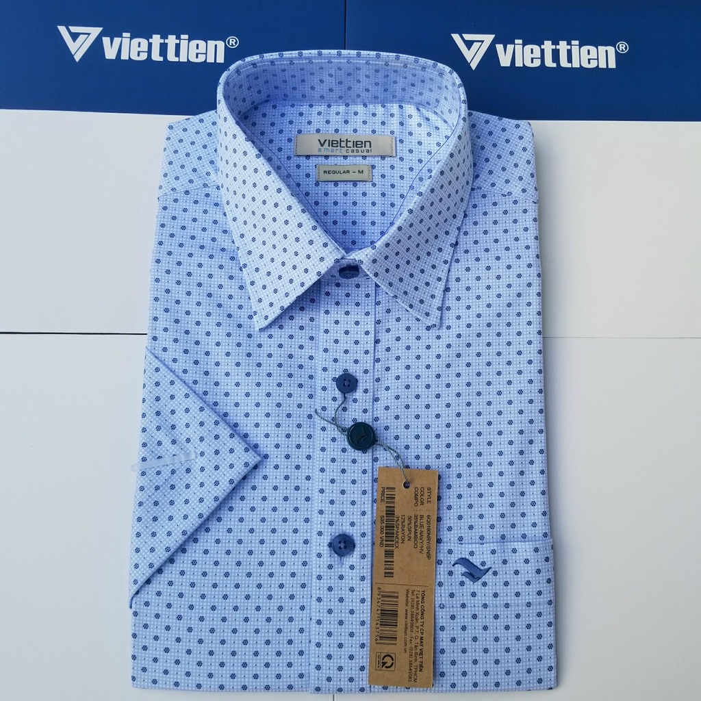 Aó sơ mi Việt Tiến smart casual ngắn tay ,tà ngang mã 6Q0190NRY chính hãng ,cao cấp - form suông REGULAR -TÀ NGANG,