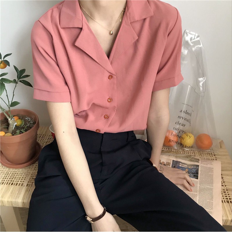 Áo sơ mi IELGY vải chiffon tay ngắn cổ chữ V thời trang cho nữ