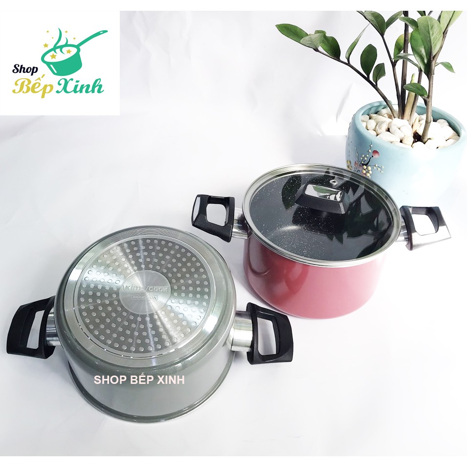 Nồi chống dính bếp từ KIMS COOK nắp kính , đúc nguyên khối, hợp kim nhôm phủ ceramic vân đá cao cấp, tặng 1 sạn dừa