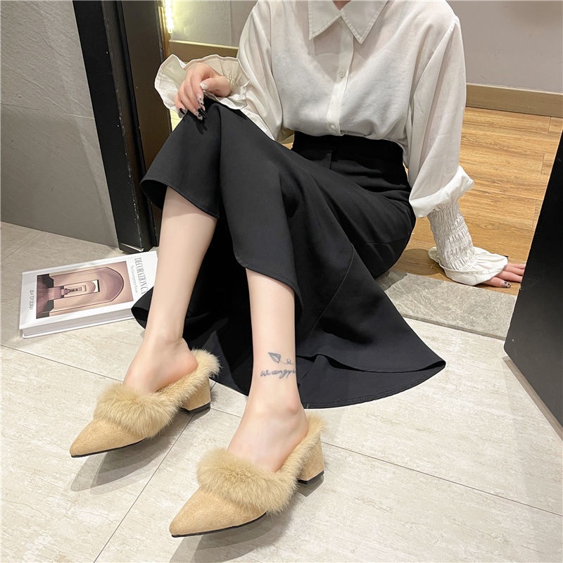 Giày Muller Gót Dày Mũi Nhọn Phong Cách Thu Đông Mới