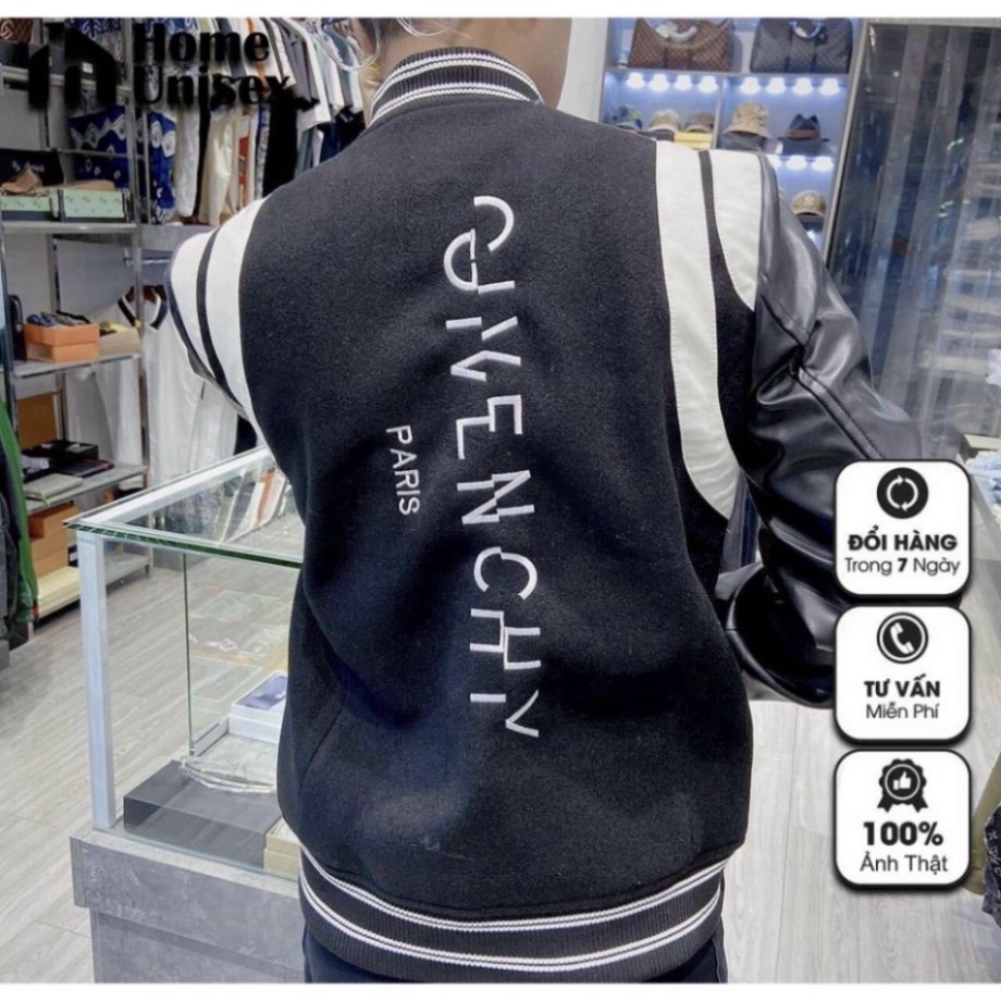Áo Bomber Givenchy nam nữ, áo khoác Bomber GVC tay da viền trắng thêu chữ dọc lưng