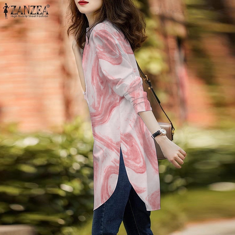 Áo kiểu ZANZEA dài tay cổ tròn xẻ tà phối nút thời trang cho nữ