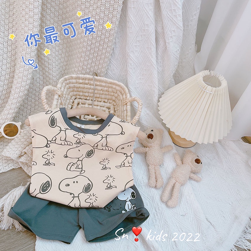 Bộ Quần Áo Trẻ Em Ba Lỗ In Hình snoopyi Vải Cotton Dễ Thương Cho Bé Từ 7-19kg Mã BL30