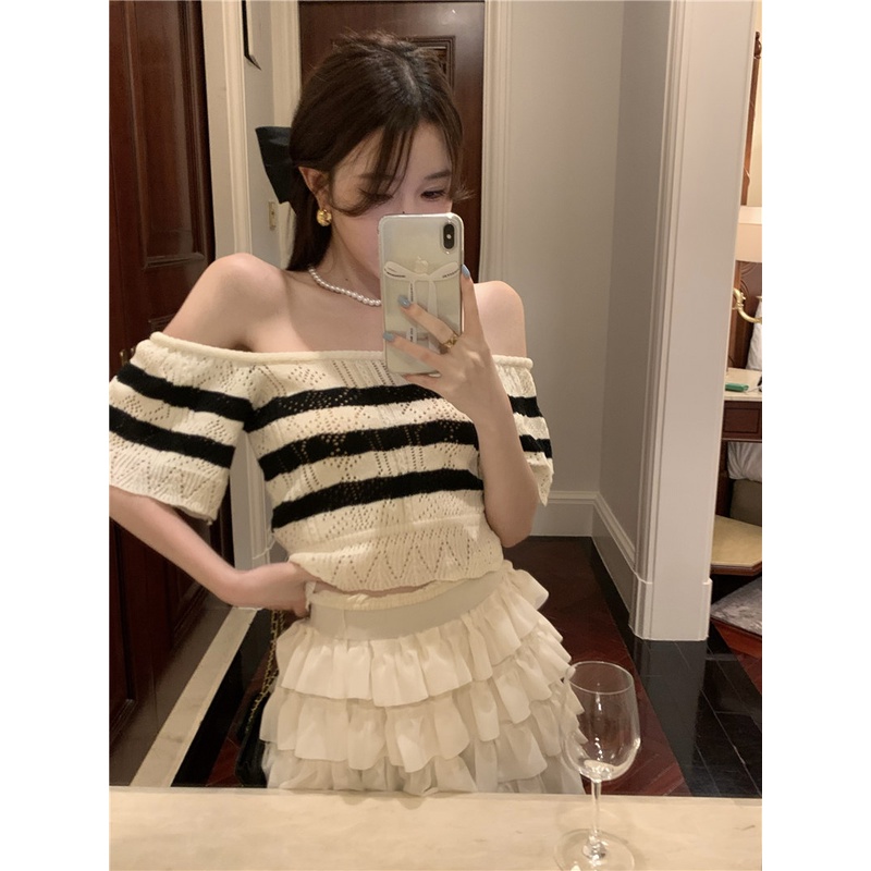LALISAS Áo Dệt Kim Tay Ngắn Cổ Vuông Kẻ Sọc Thời Trang Hàn Quốc