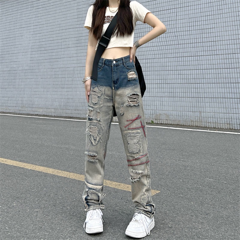European and American high street patchwork torn jeans new fashion brand design sense small crowd pants fried Street pants for men and women