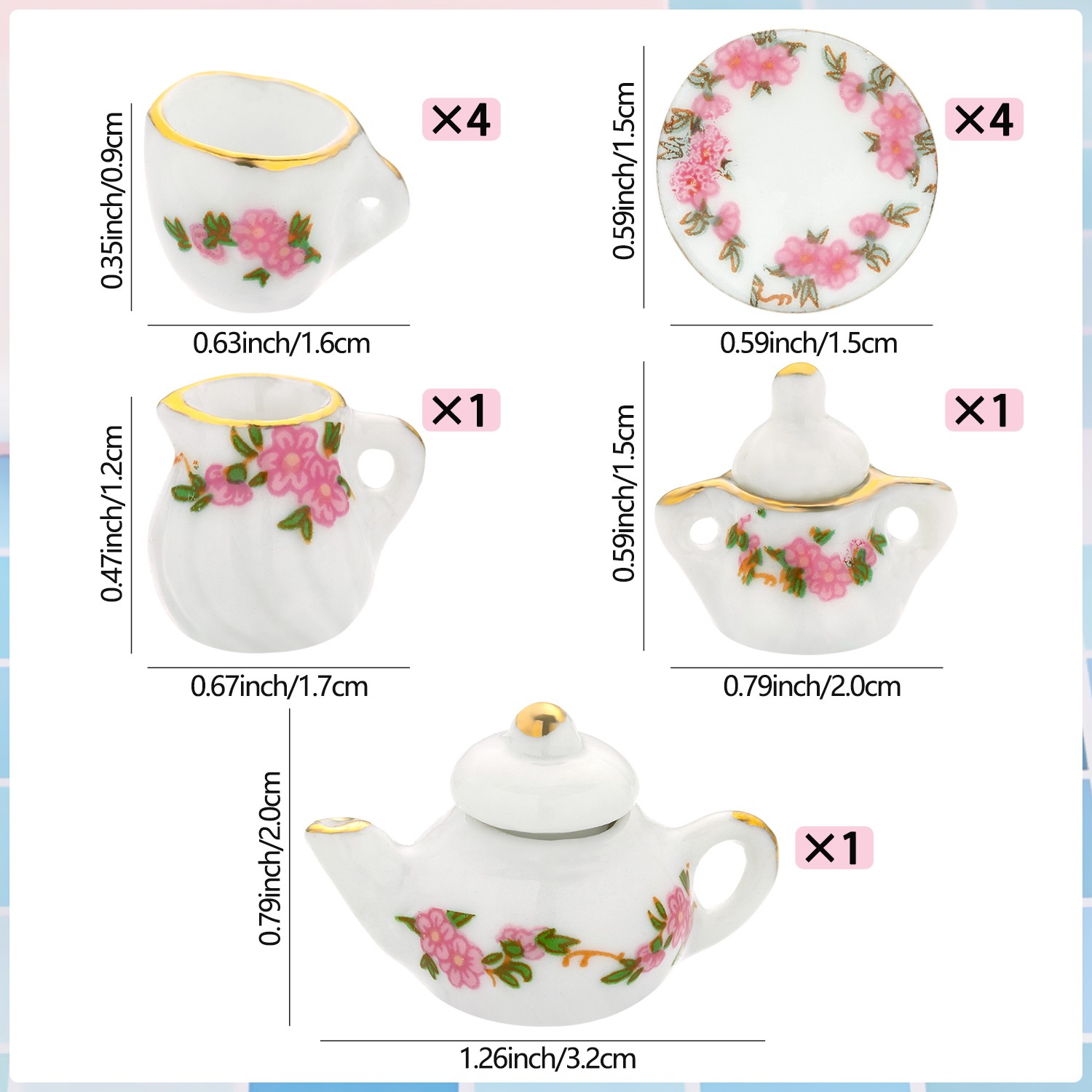 QINJUE 11pcs Kit Porcelain Tea Cup Set Chic Style 1/6 1/12 Miniature Dollhouse Accessories Toys with|Trim Kitchen Home Decoration Floral Pattern Dining Ware