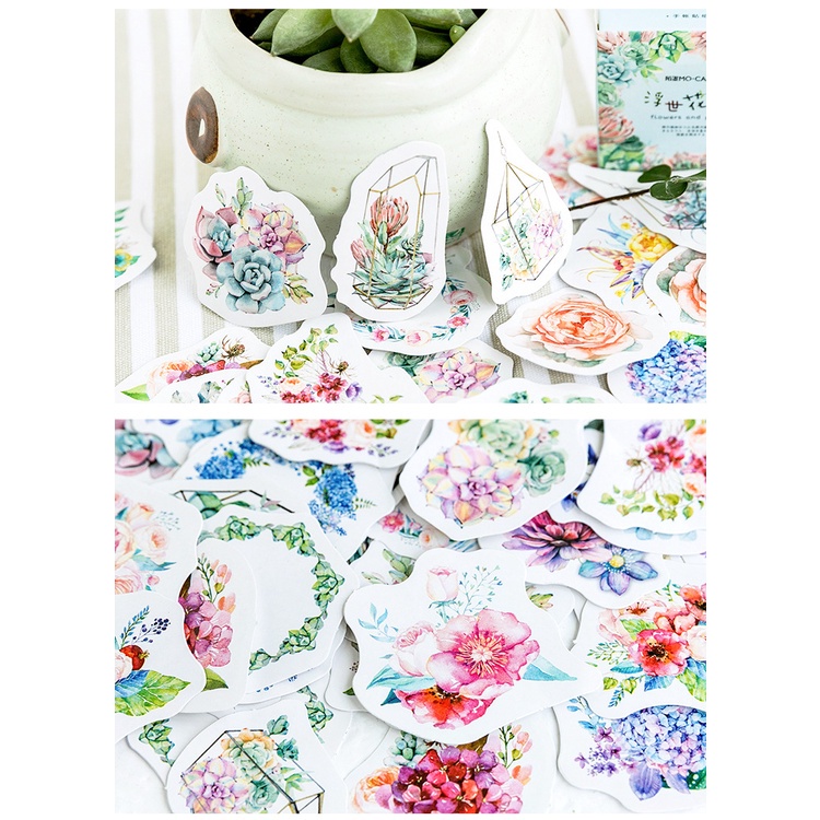 Hộp 45 chiếc sticker VƯỜN HOA SẮC MÀU PASTEL vintage trang trí sổ, decor quà tặng, bullet journal