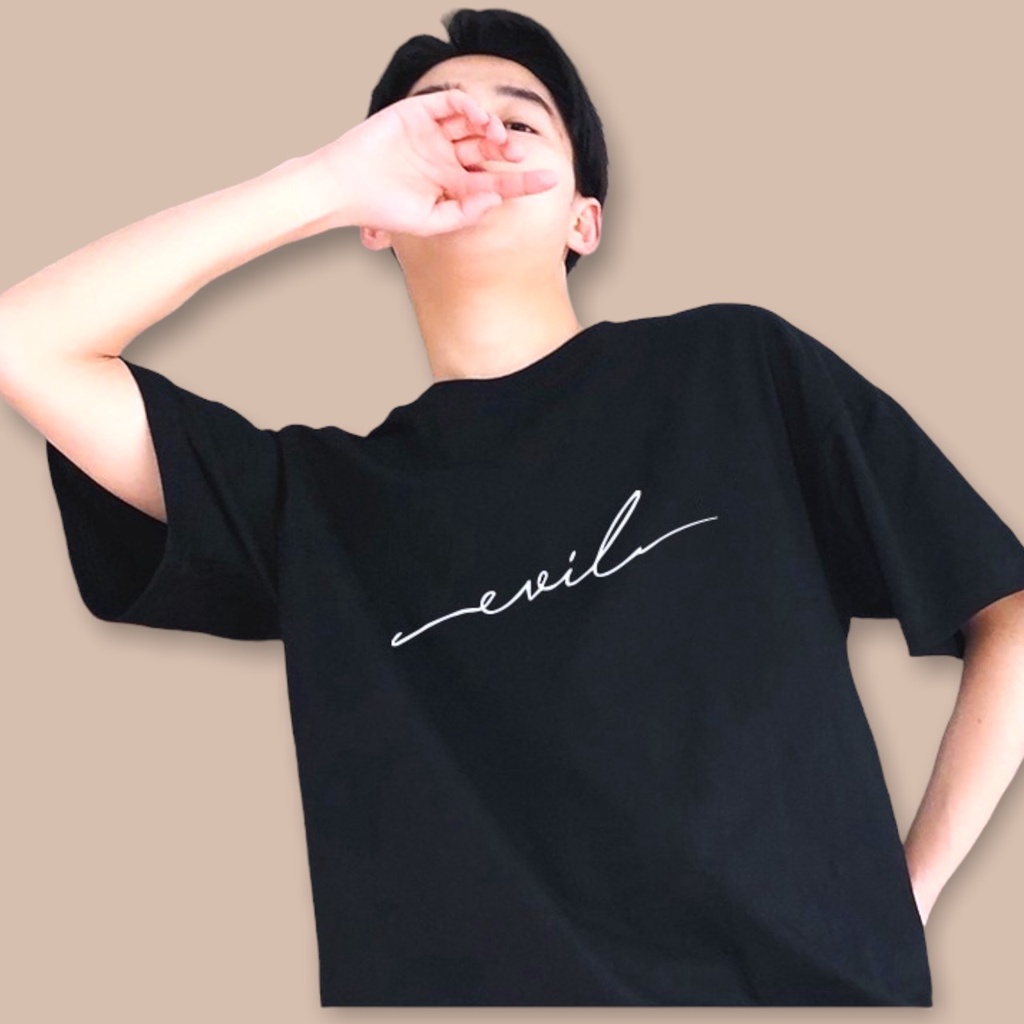 Áo thun nam nữ - Áo phông nam nữ tay lỡ form rộng unisex chữ kiểu EVIL vải dày mịn