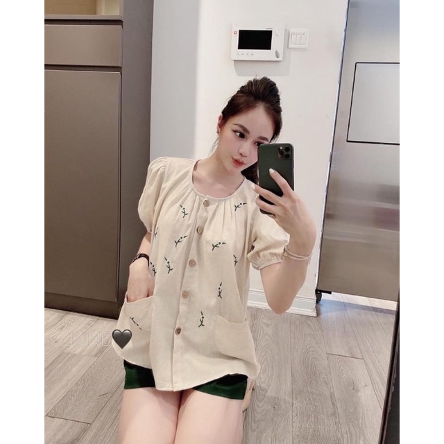 set bộ áo be thêu hoa cúc 5 cánh mĩ short xanh