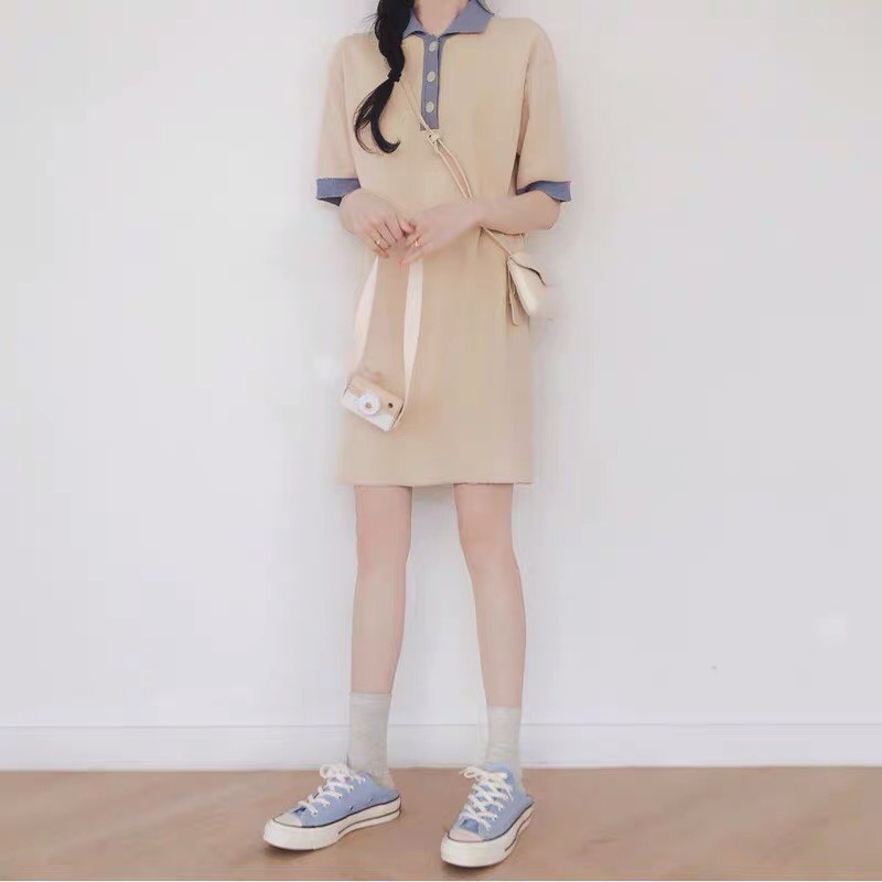 Đầm Polo Nữ Suông Màu Be 🦋 Váy Nữ Cổ Bẻ Phối Màu Cộc Tay Chất Cotton 🦋 | BigBuy360 - bigbuy360.vn