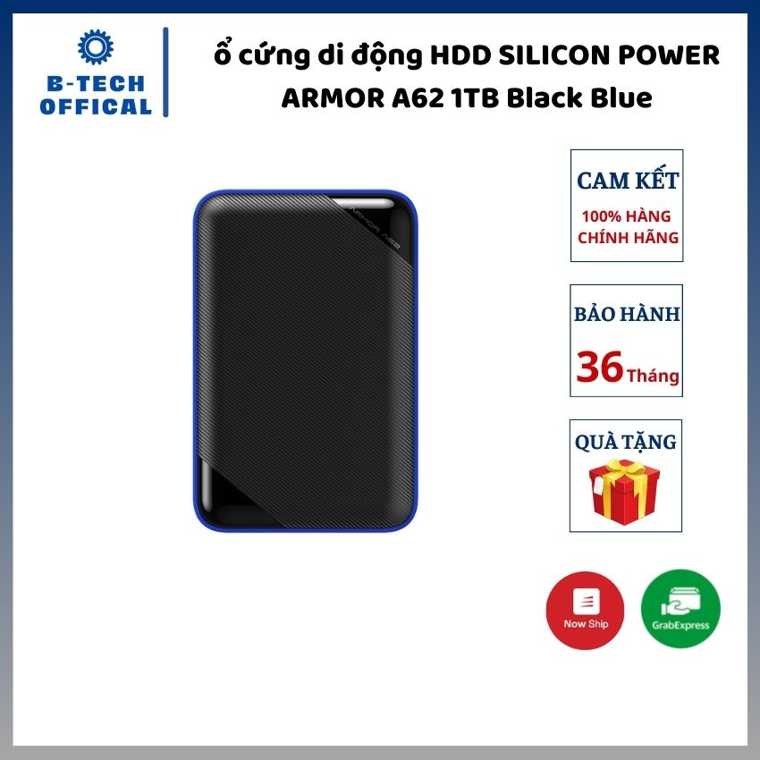 Ổ cứng di động HDD SILICON POWER ARMOR A62 1TB Black Blue, 2.5 inch (USB 3.1 Gen1/USB 3.0) - SP010TBPHD62SS3B