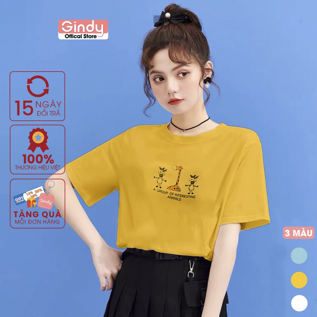 Áo phông basic GINDY nữ in hình Giraffe cổ tròn tay lỡ unisex chất  thun lạnh co giãn 4 chiều A20027