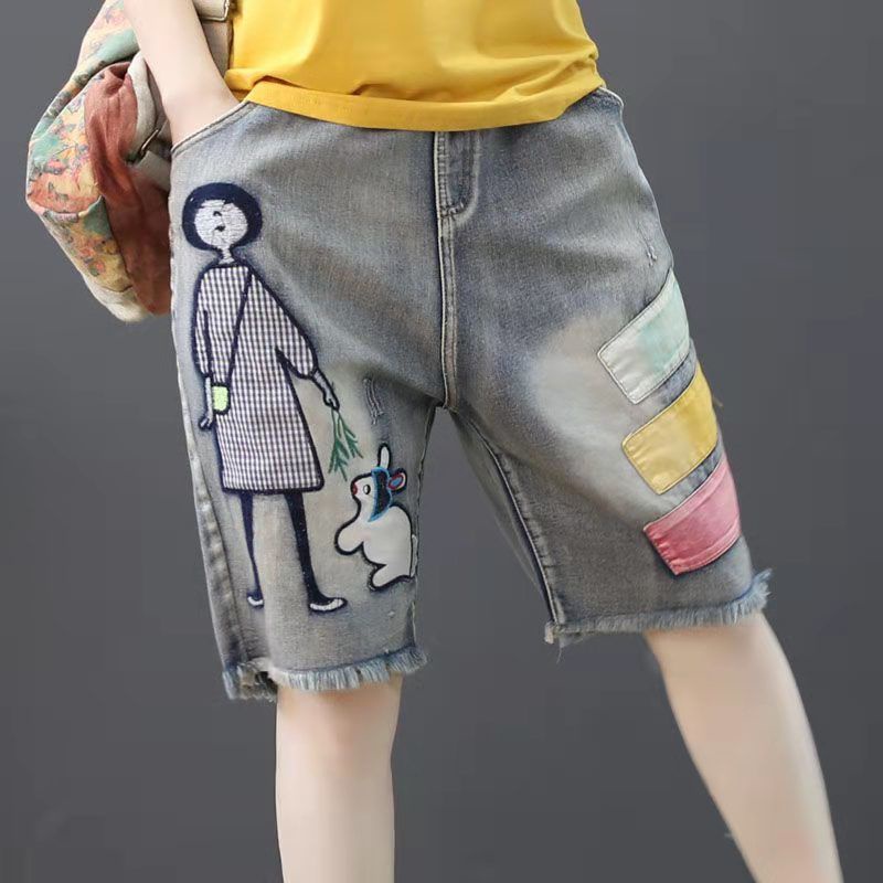 Quần Short Denim Lưng Cao Thêu Họa Tiết Phong Cách Dân Tộc Cho Nữ