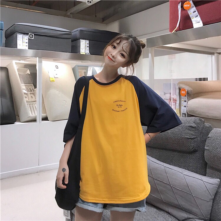 Áo thun nữ tay lỡ freesize phông form rộng dáng Unisex, mặc lớp, nhóm, cặp PHỐI TAY THÂN VÀNG in chữ PARIS 1996 | BigBuy360 - bigbuy360.vn