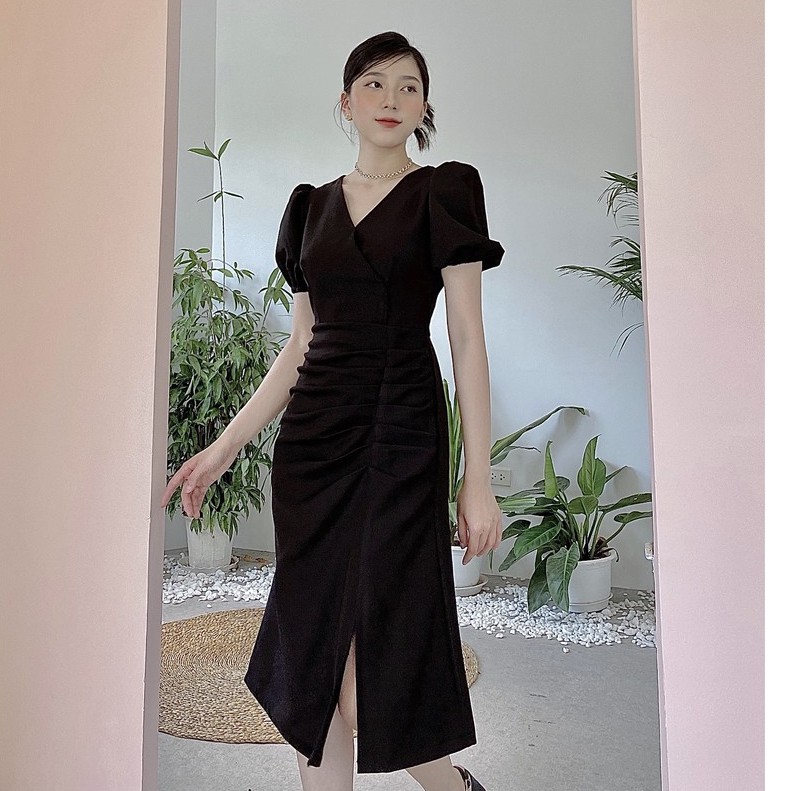 Đầm Đen Tay Ngắn Dáng Dài Thanh Lịch Hot 2021_V720