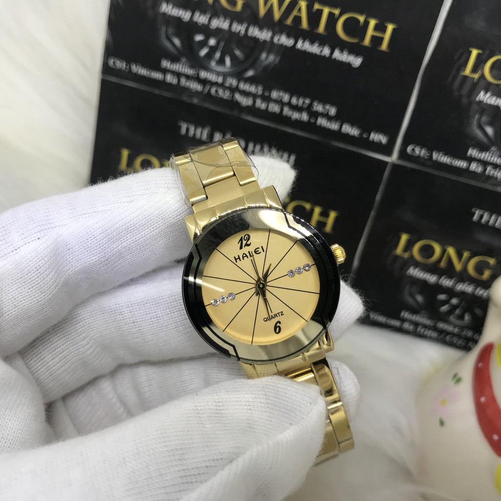 Đồng Hồ Nữ HALEI 457L Mặt Vàng, Kính Sapphire, Chống Trầy, Chống Xước, Chống Nước, Tặng Vòng Đá Tỳ Hưu và Dây Da