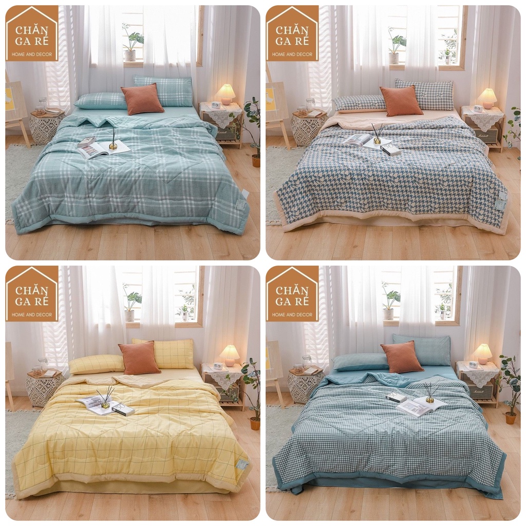 [Hàng nhập] Bộ chăn ga cottong đũi kẻ chăn trần bông freesize (bo chun theo yêu cầu)