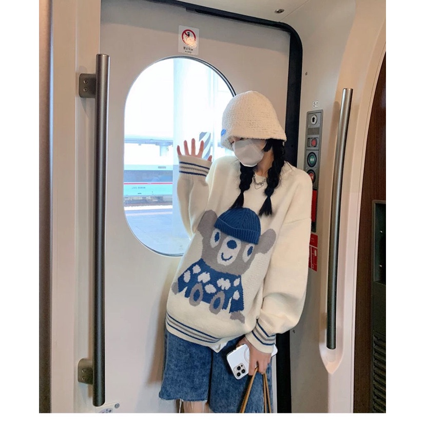 Áo Sweater Dệt Kim Dáng Rộng In Hình Chú Gấu Màu Xanh Dương Kiểu Hàn Quốc Thời Trang Mùa Thu Mới 2021