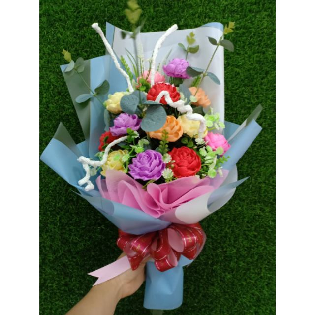 Bó Hoa Hồng Giấy Nhún Giấy Gói Màu Xanh Nước Biển Hoạ Tiết Vân Đá Sang Trọng