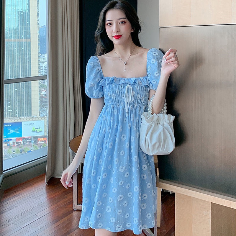 IELGY Đầm Tay Ngắn Cổ Vuông Họa Tiết Hoa Cúc Phong Cách Pháp Ngọt Ngào Cho Nữ