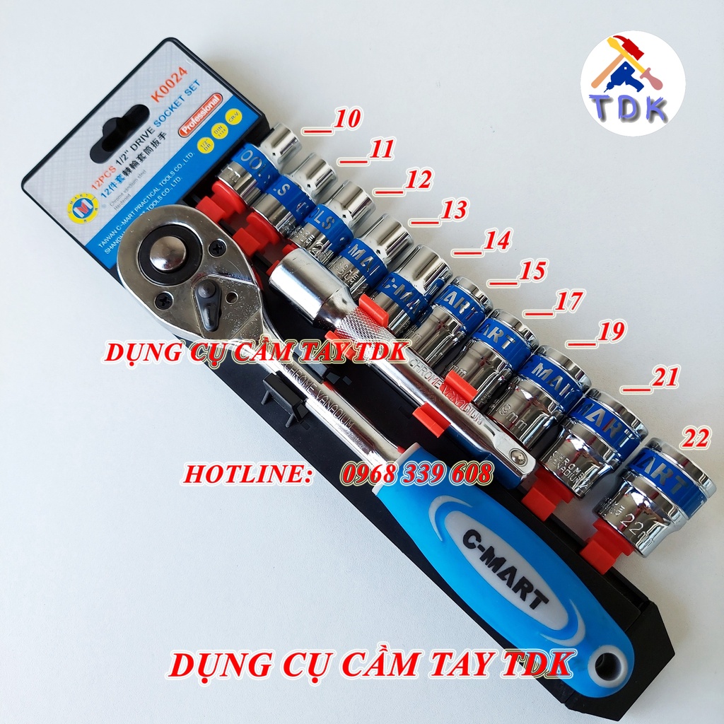 Bộ tuýp 12 chi tiết bằng thép CR-V cao cấp K0024 CMART, bộ khẩu sửa chữa xe máy