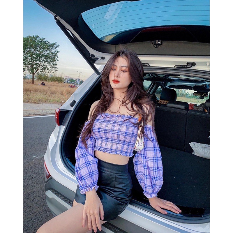 Áo croptop nữ tay dài HHVINTAGE kiểu bẹt vai chạy chỉ thun co giãn TOP A52