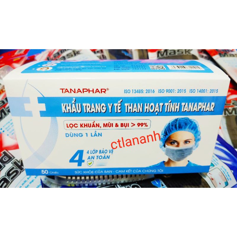 Khẩu trang y tế than hoạt tính TANAPHAR hộp 50 chiếc màu xám