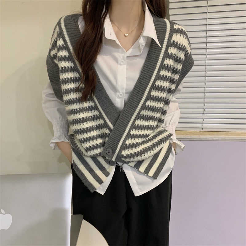 Áo dệt kim Perty sát nách kẻ sọc thời trang mùa thu phong cách Hàn Quốc cho nữ