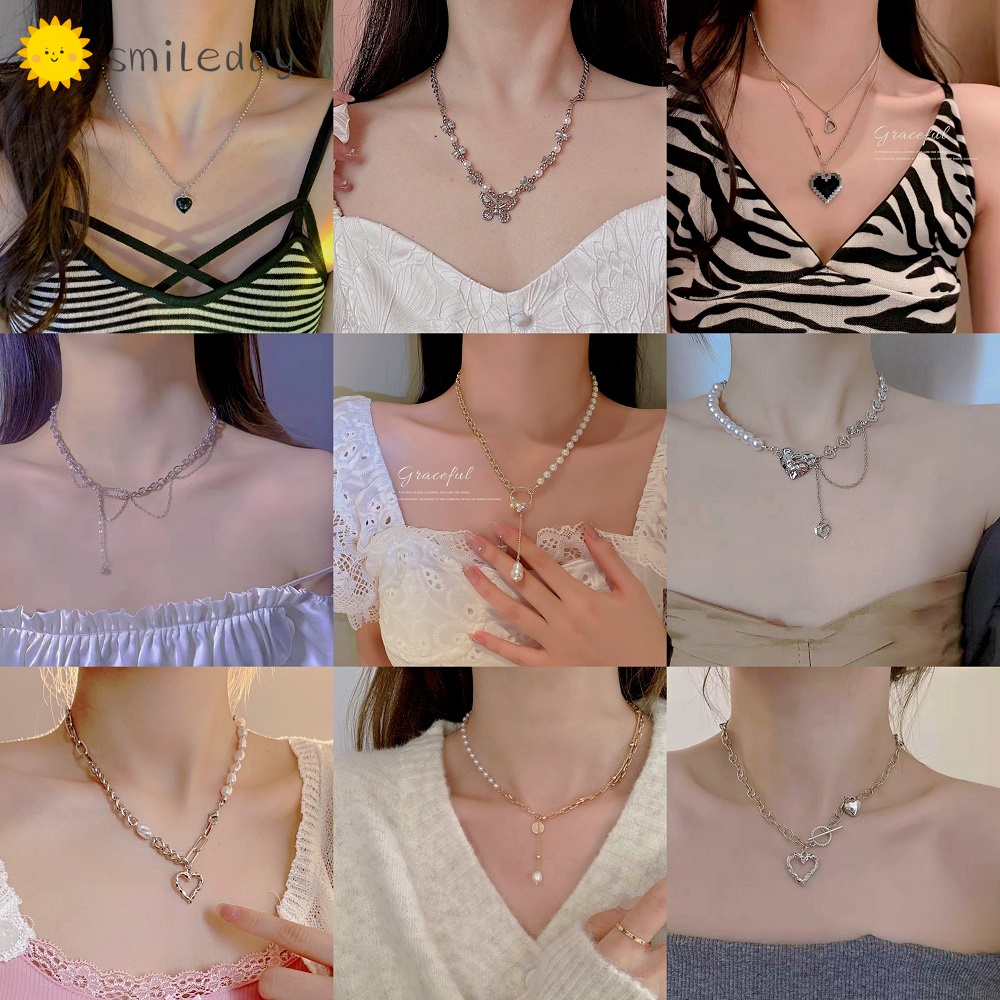 Vòng cổ choker Smileday mặt hình bướm / trái tim đính ngọc trai phong cách Hàn Quốc cho nữ
