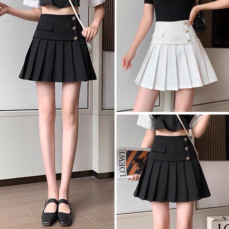 Châv váy xếp ly lưng cao phối cúc xòe
