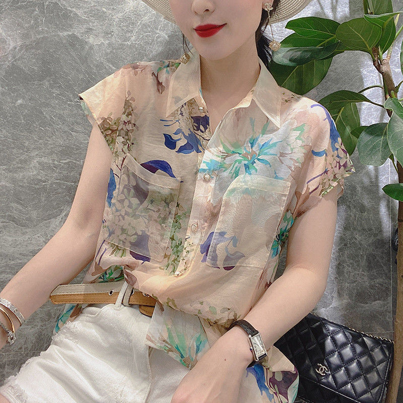 Áo chiffon nữ tay ngắn họa tiết hoa thanh lịch thời trang