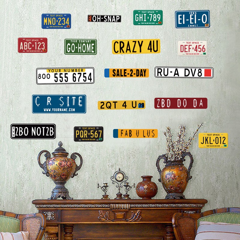 Decal dán trang trí tường 3D biển số xe phong cách hiện đại - decan trang trí cà phê, dán trà sữa, dán baber shop