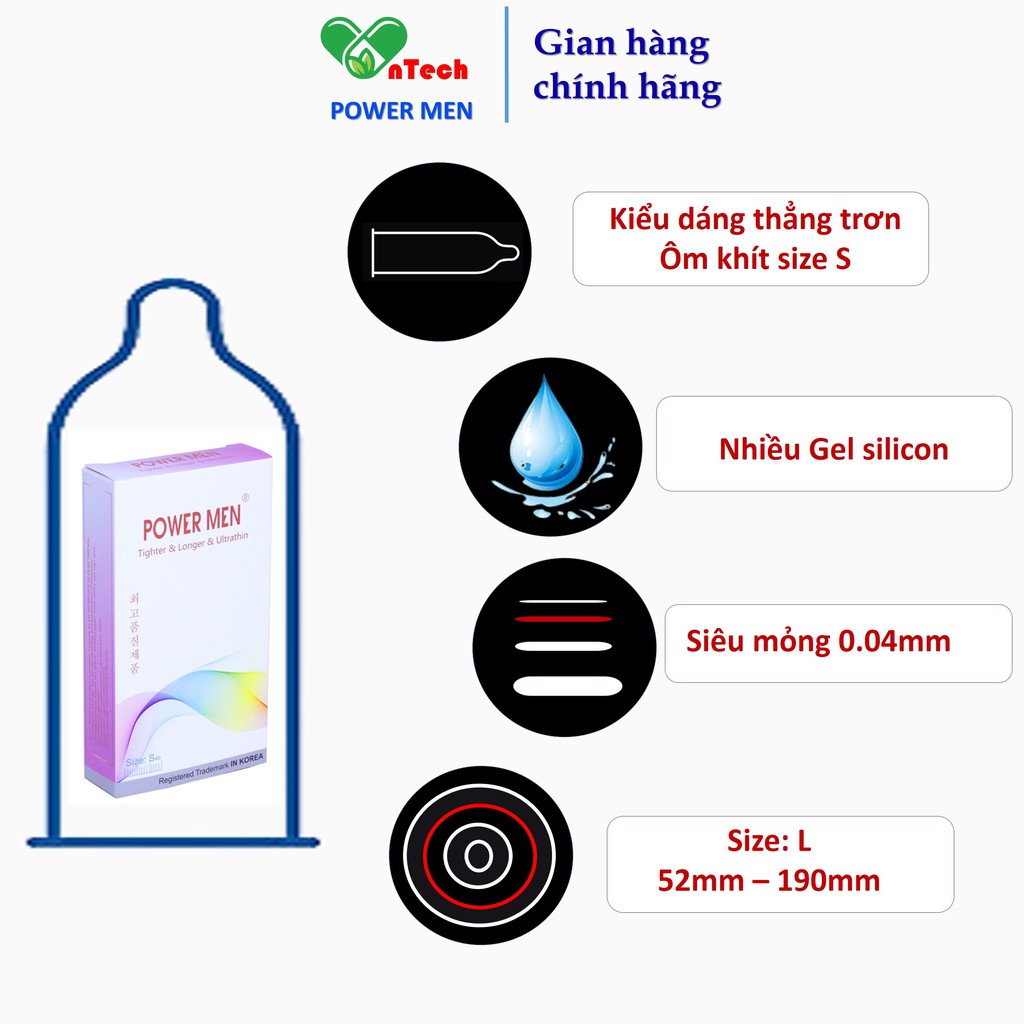 Bao cao su POWER MEN TIGHTER & CLOSER & ULTRATHIN siêu mỏng dáng ôm khít 3D chống tuột size nhỏ 49mm hộp 12 chiếc