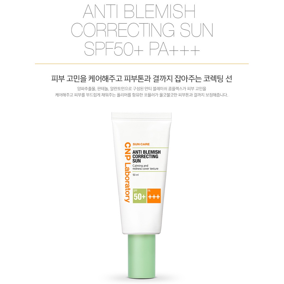 Kem chống nắng làm dịu và giảm mẩn đỏ cho da mụn CNP Laboratory Anti Blemish Correcting Sun SPF50+/PA+++ 50ml