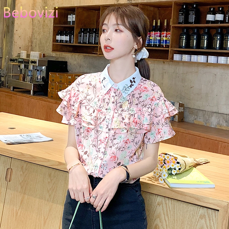 2020 New Chiffon Fashionable Korean Pink Floral Summer Short Sleeve Women Blouse Tops