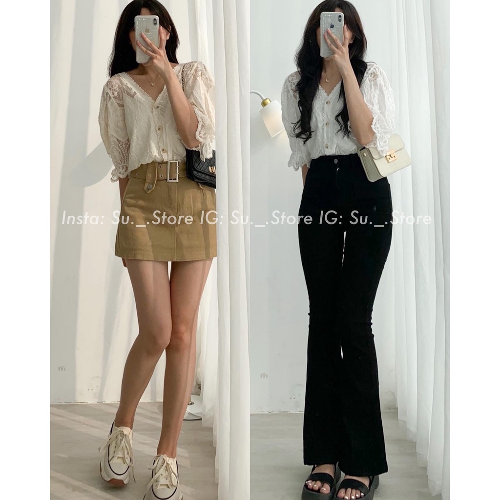 Áo sơ mi tay lửng cổ V phối ren A2389