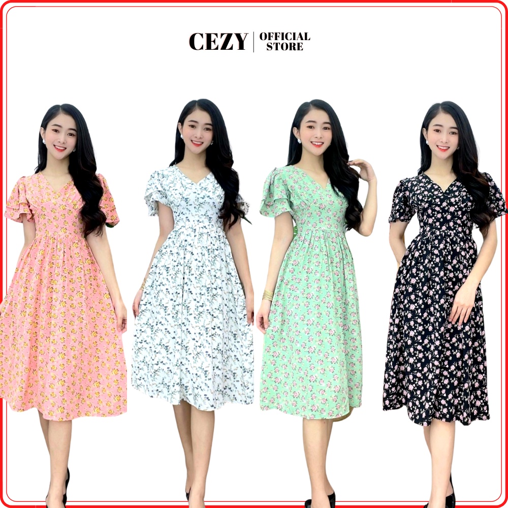 Đầm xòe hoa cổ v tay cánh tiên có size bigsize Cezy D37