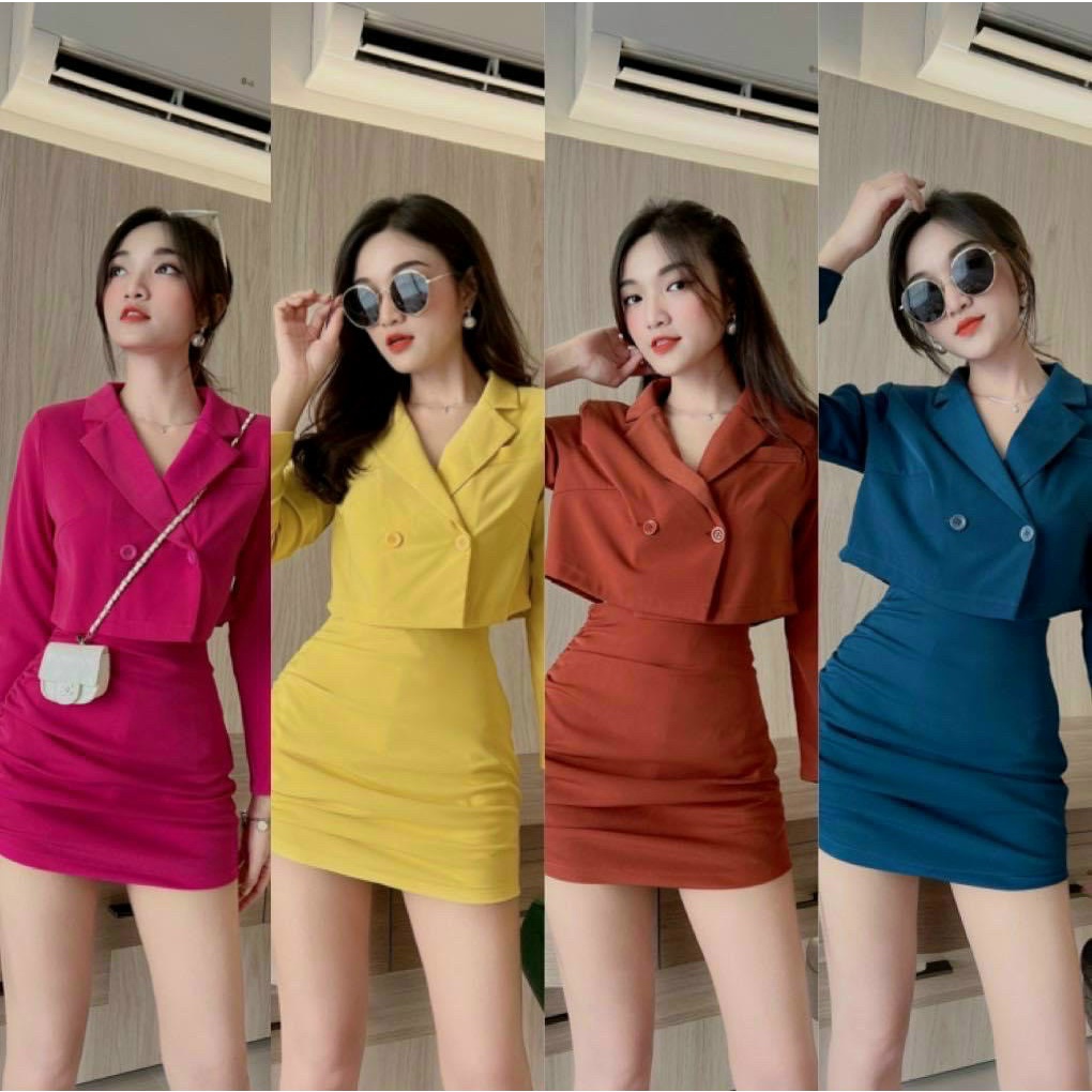 Sét bộ áo tay dài cổ vest kèm chân váy rút dây hông kiểu dáng sành điệu